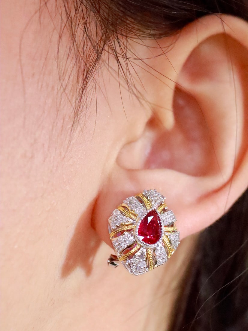 18K Gold Natural Unheated Ruby Earrings - 6