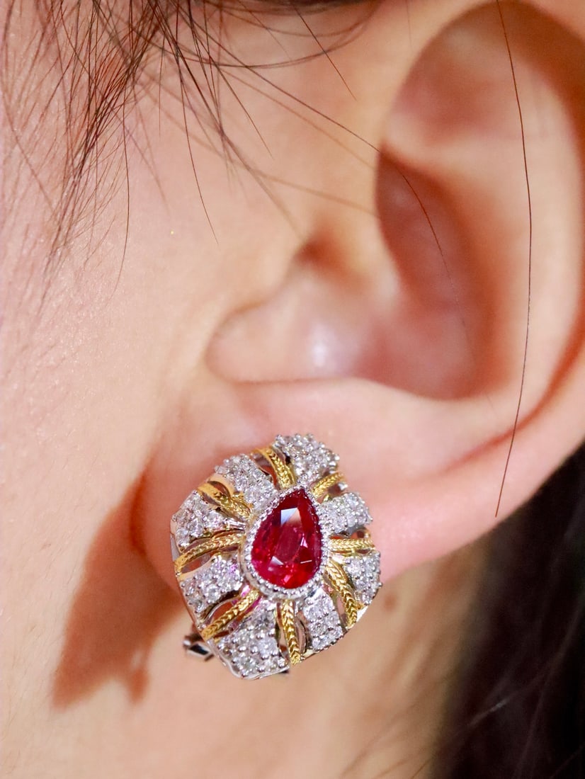 18K Gold Natural Unheated Ruby Earrings - 7