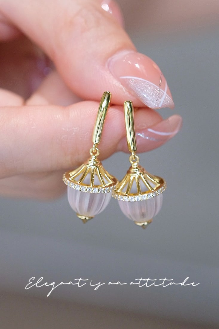 Thick Gold Plated Natural White Crystal Earrings - 2