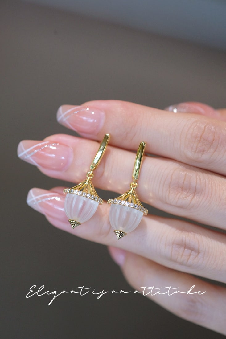Thick Gold Plated Natural White Crystal Earrings - 3