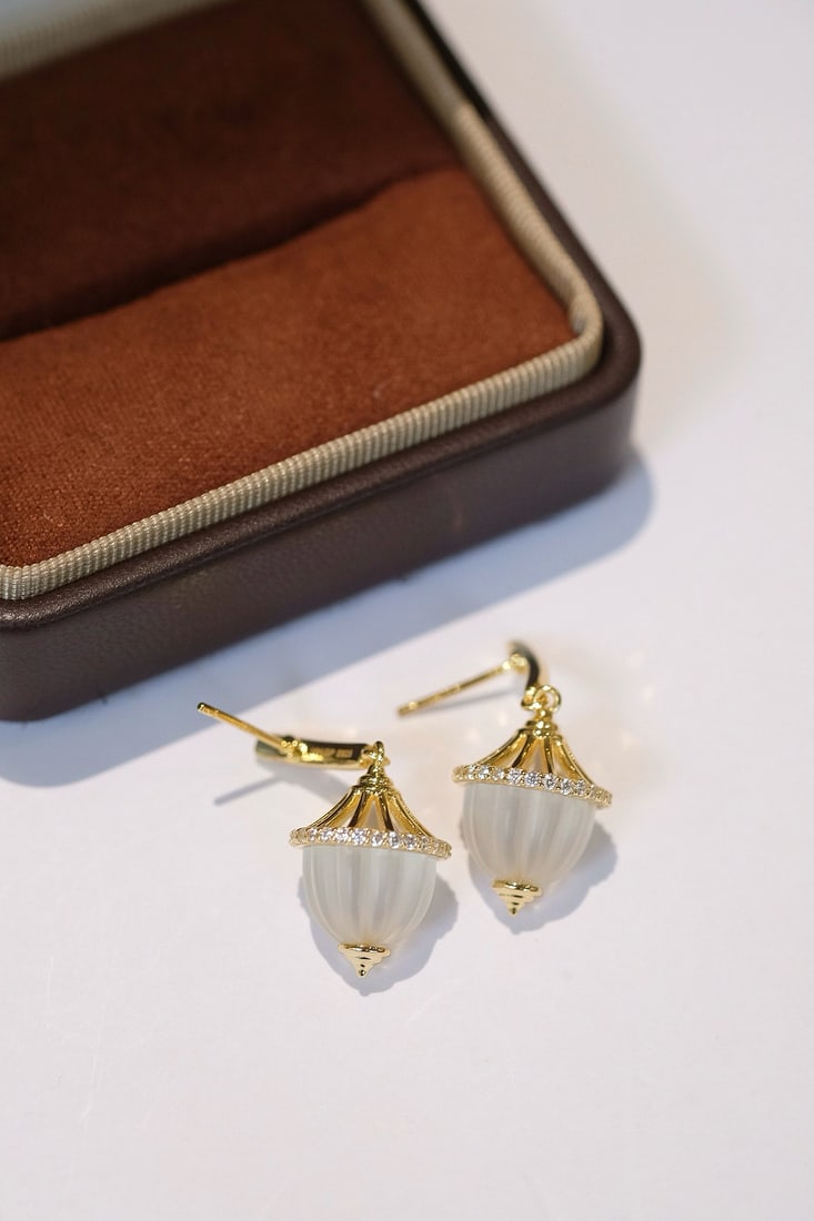 Thick Gold Plated Natural White Crystal Earrings - 5