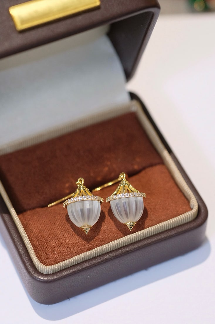 Thick Gold Plated Natural White Crystal Earrings - 6