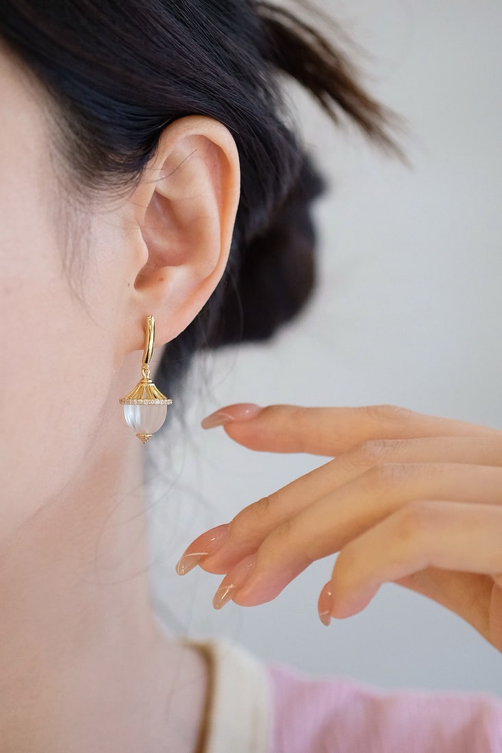 Thick Gold Plated Natural White Crystal Earrings - 7
