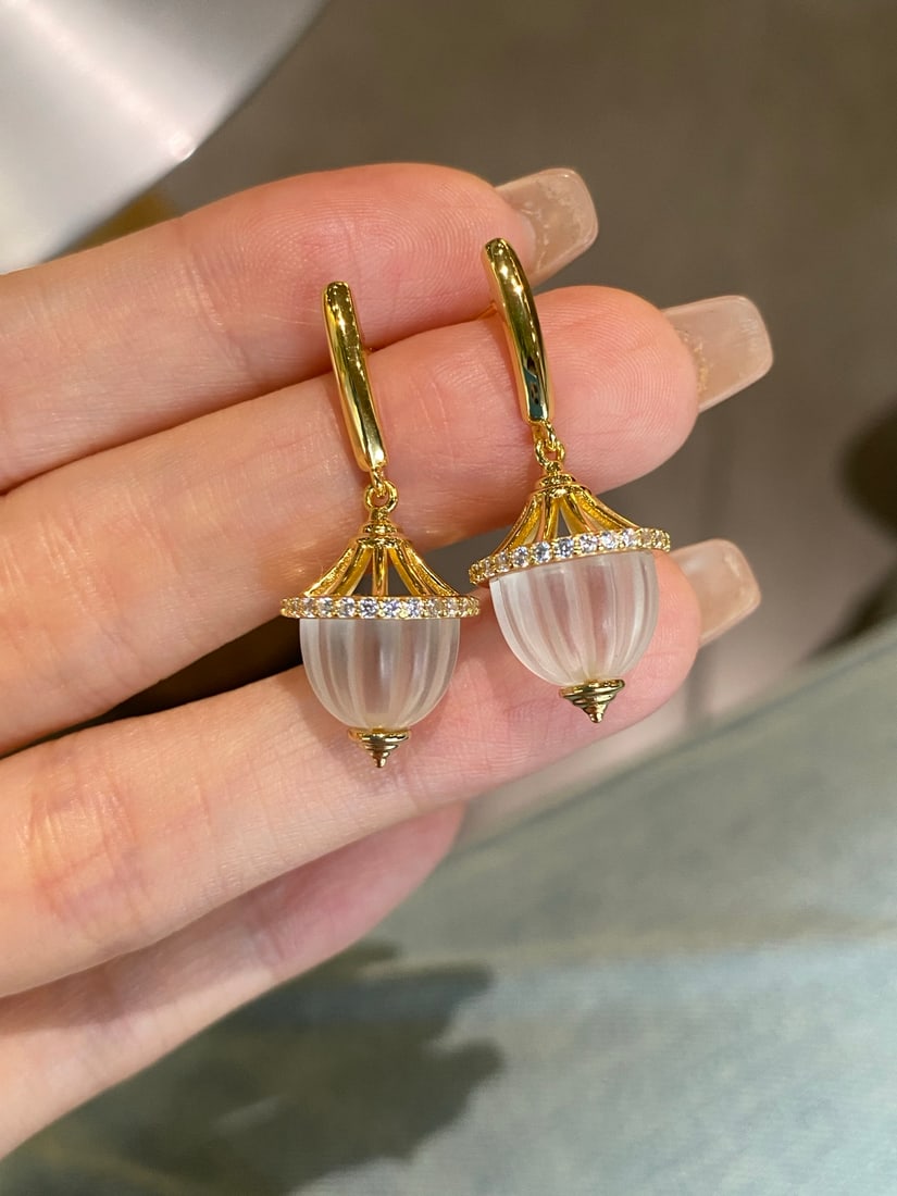 Thick Gold Plated Natural White Crystal Earrings - 9