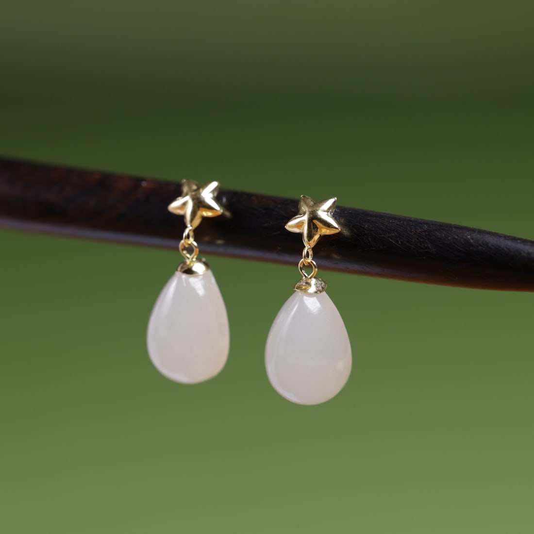18K Gold Natural Hetian Jade White Jade Earrings - 2