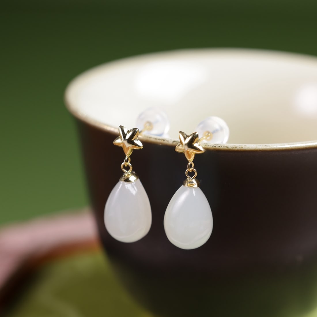 18K Gold Natural Hetian Jade White Jade Earrings - 4