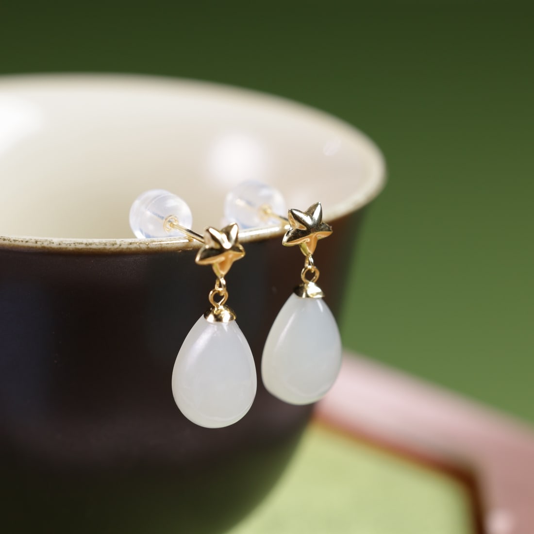 18K Gold Natural Hetian Jade White Jade Earrings - 5