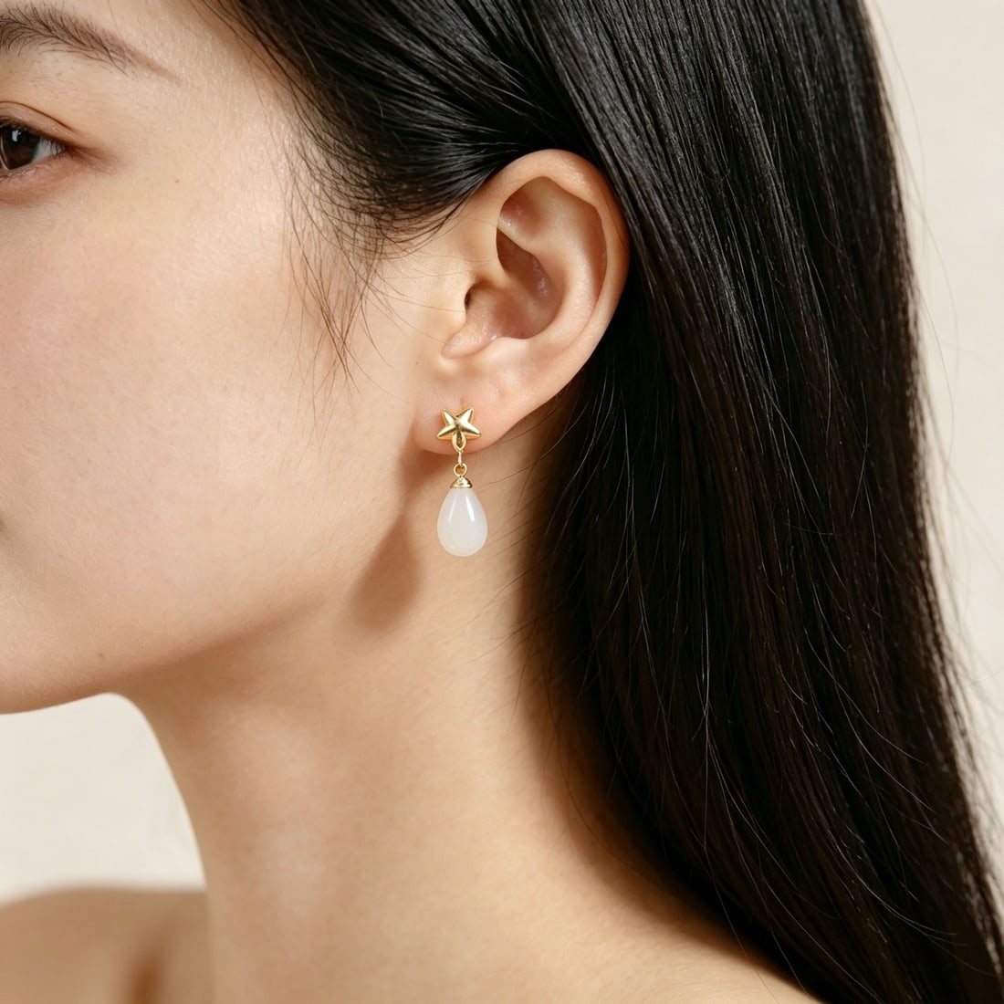 18K Gold Natural Hetian Jade White Jade Earrings - 6