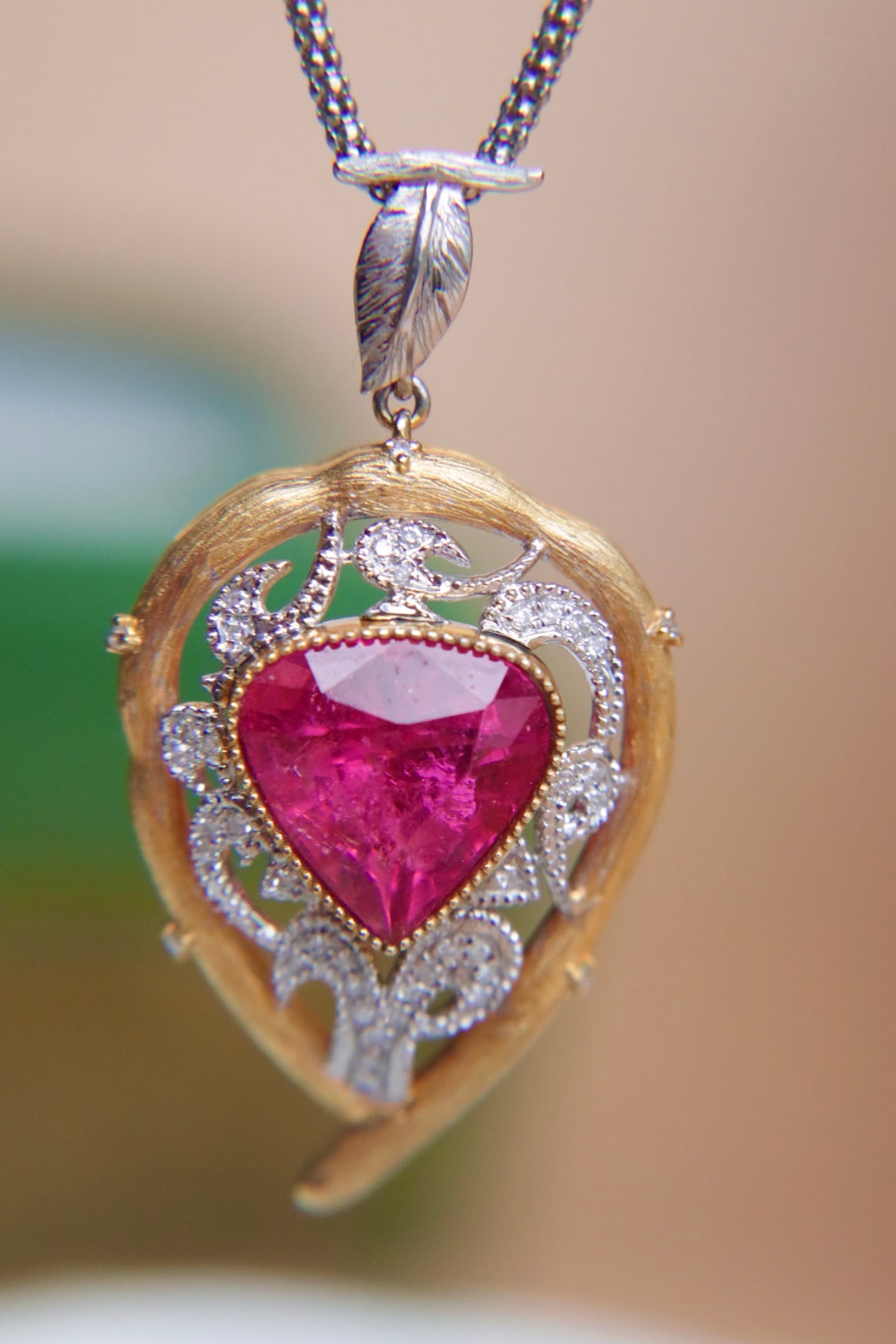 18K Gold Natural Rubellite Tourmaline Pendant - 3