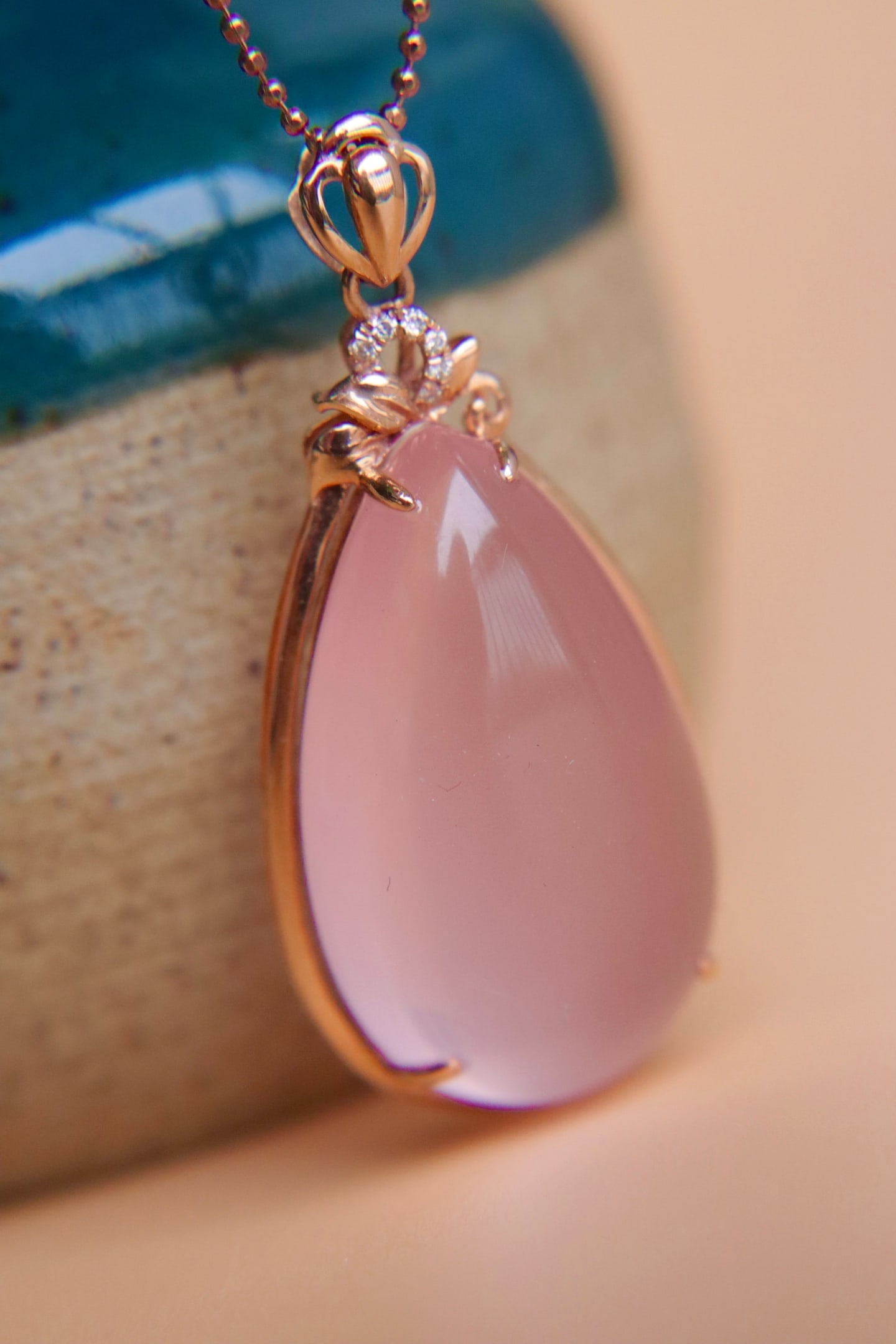 18K Gold Natural Rose Quartz Pendant - 6