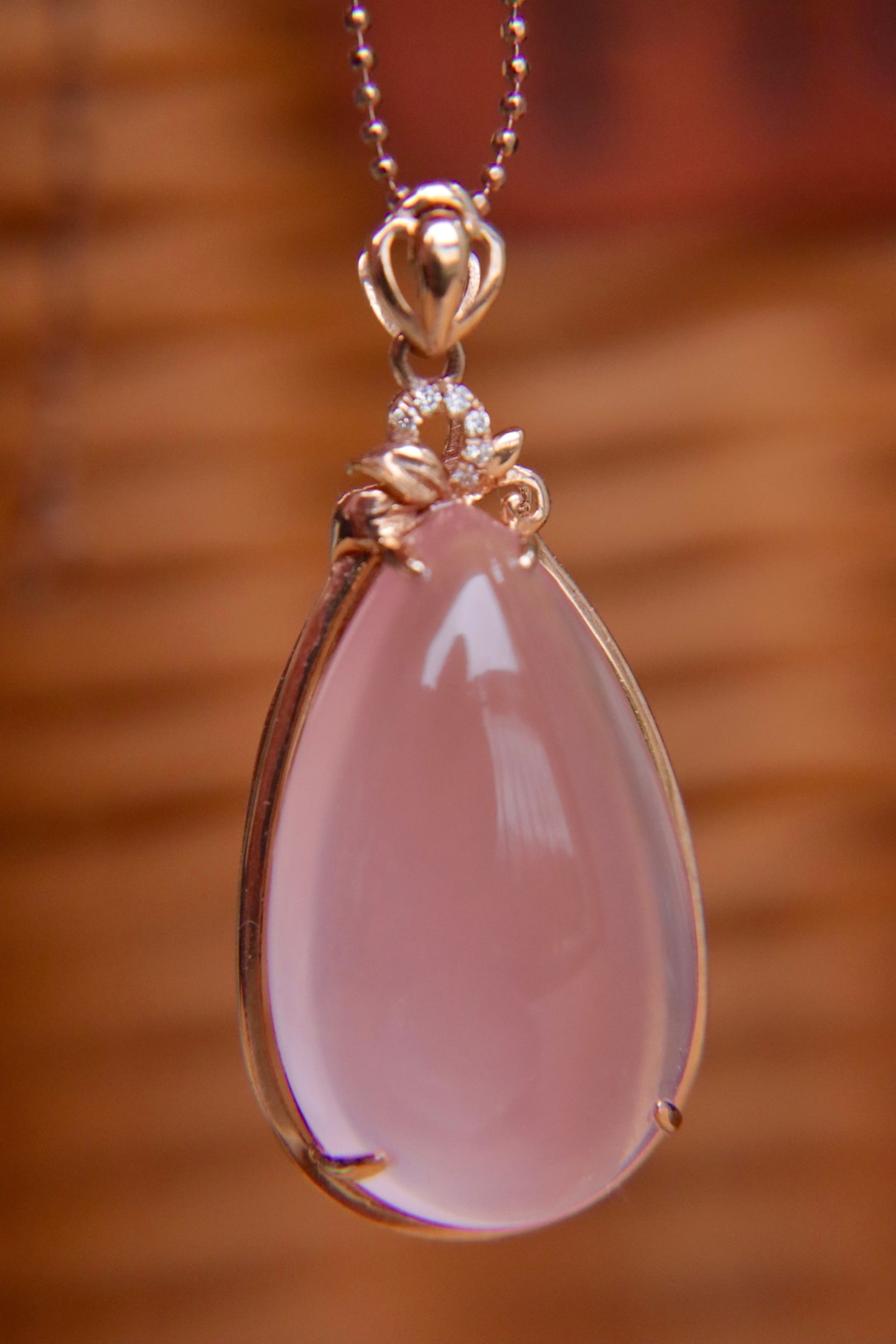 18K Gold Natural Rose Quartz Pendant - 7