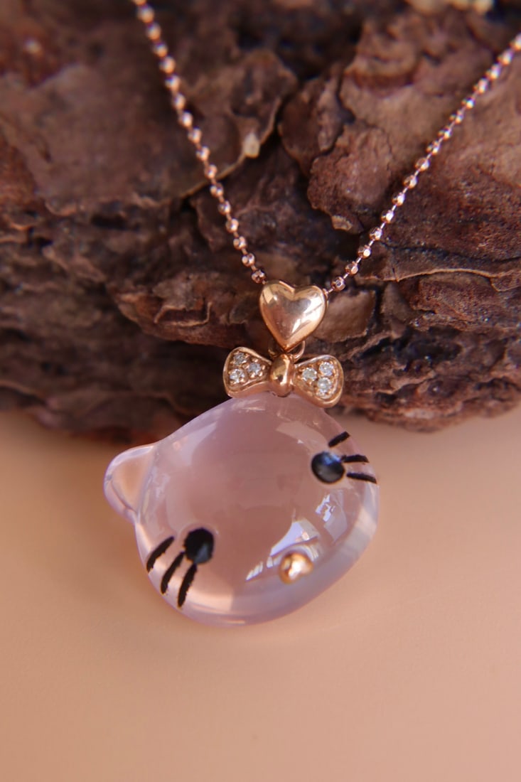18K Gold Natural Rose Quartz Cat Pendant - 2