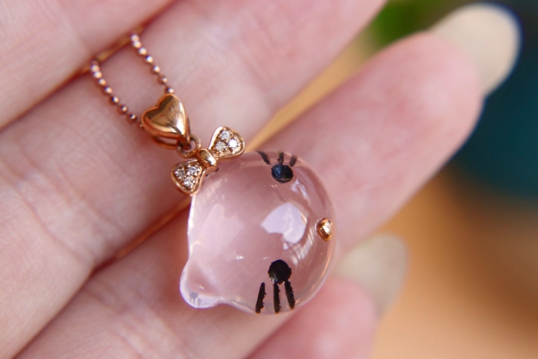 18K Gold Natural Rose Quartz Cat Pendant - 4