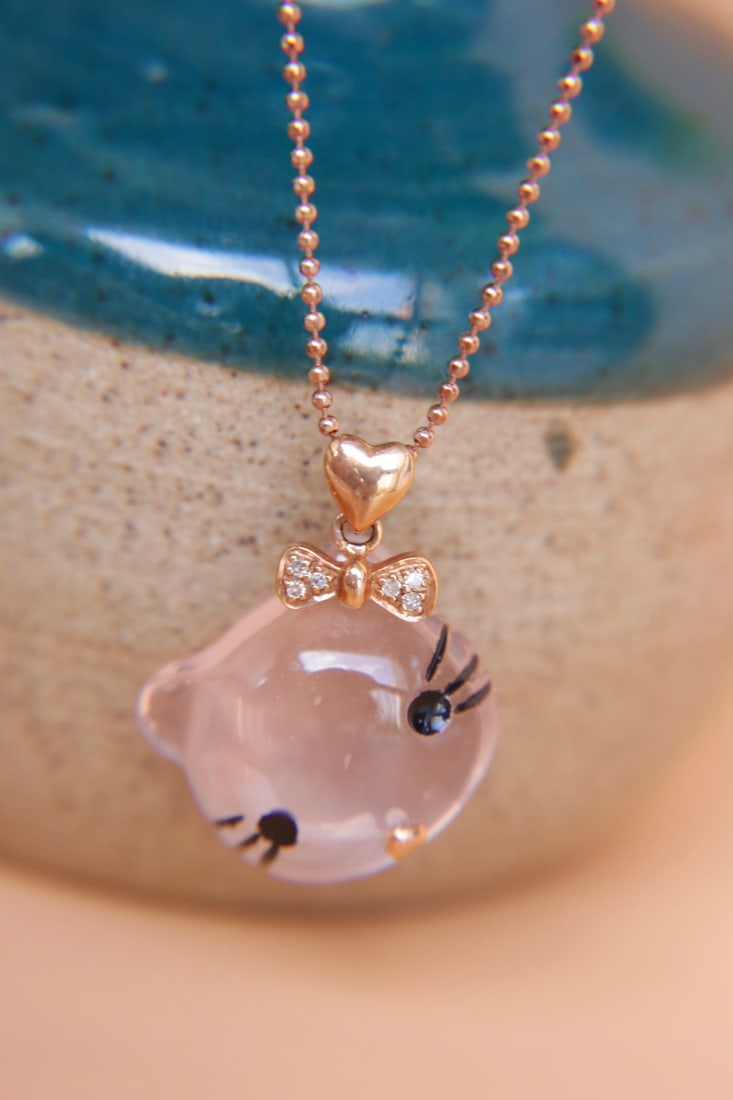 18K Gold Natural Rose Quartz Cat Pendant - 5
