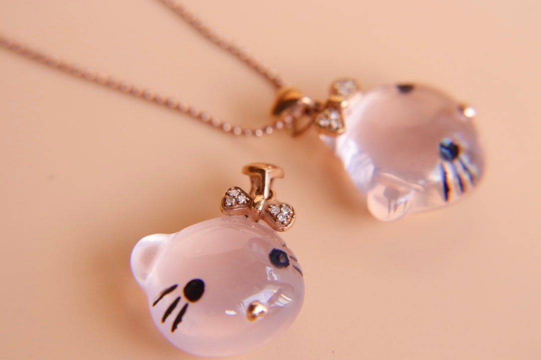 18K Gold Natural Rose Quartz Cat Pendant - 6