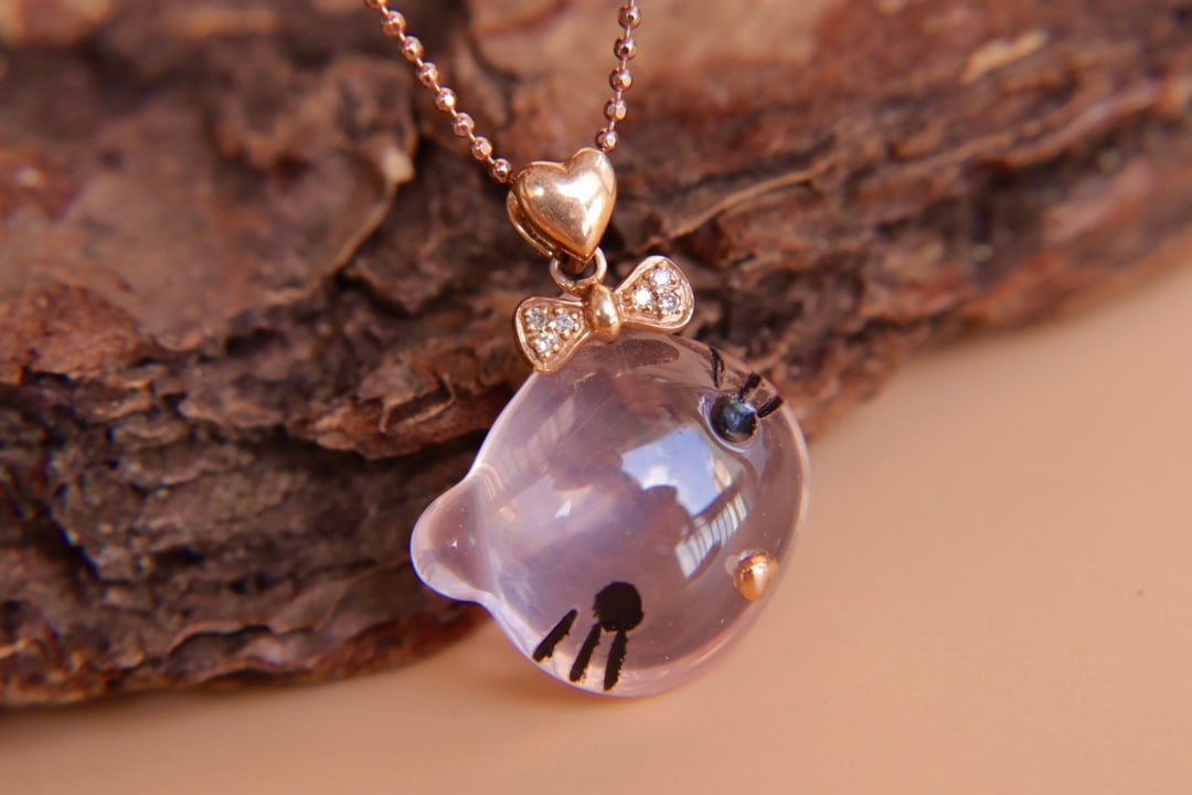 18K Gold Natural Rose Quartz Cat Pendant - 7