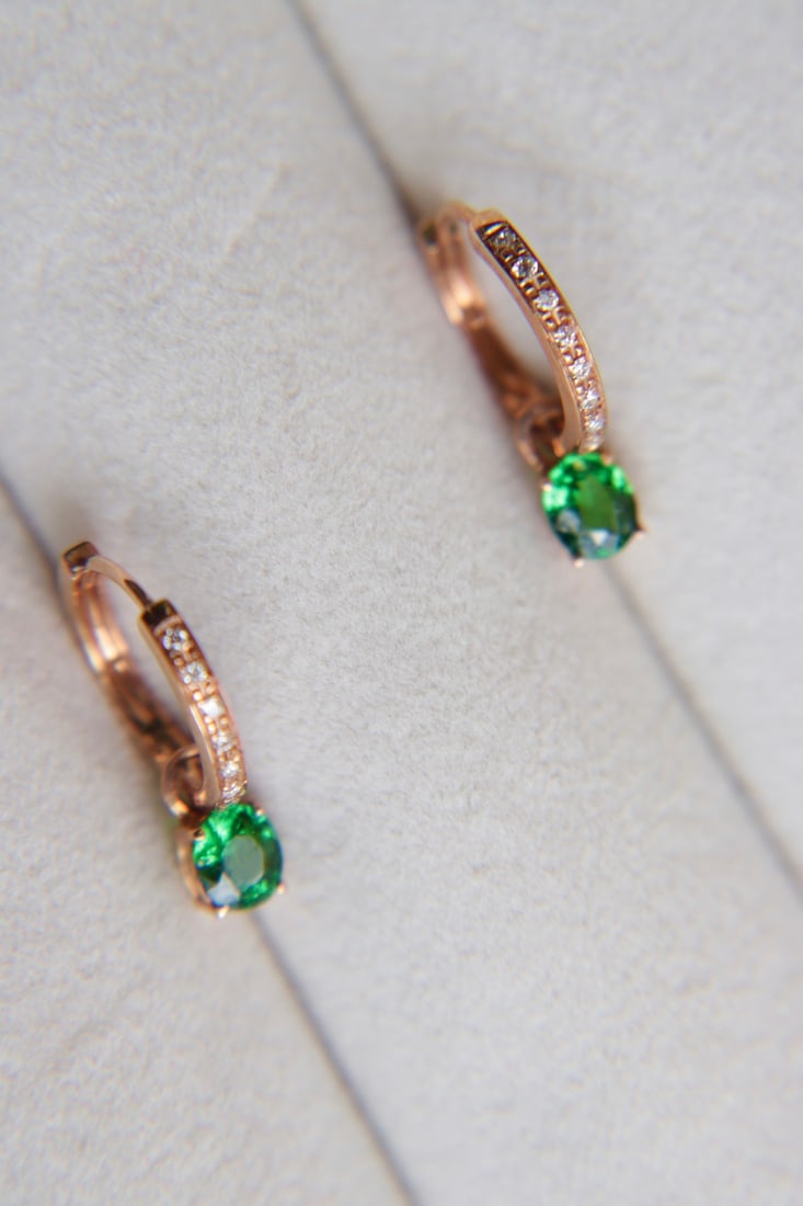 18K Gold Natural Tsavorite Diamond Earrings - 6