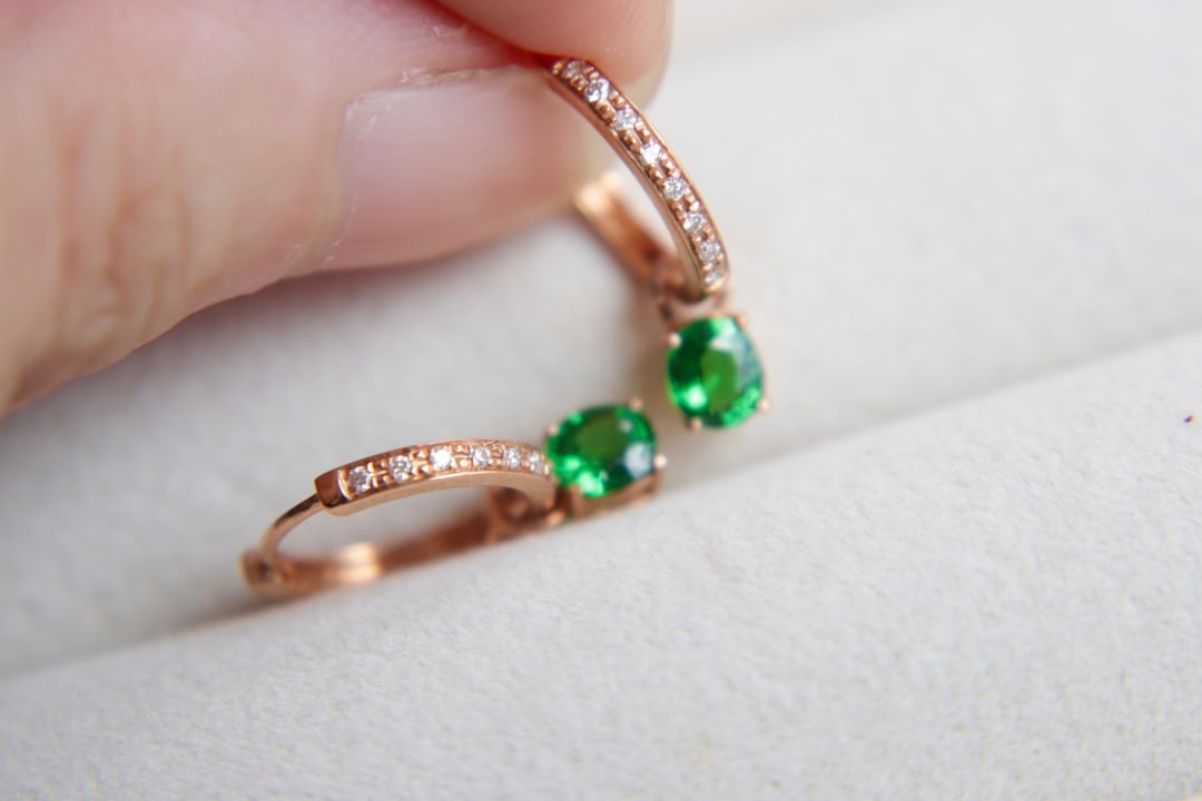 18K Gold Natural Tsavorite Diamond Earrings - 7