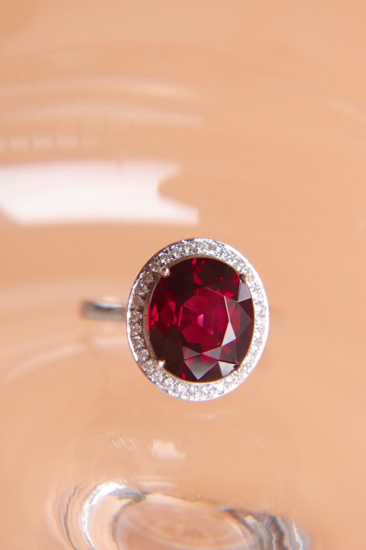 18K Gold Natural Red Tourmaline Garnet Diamond Ring - 2