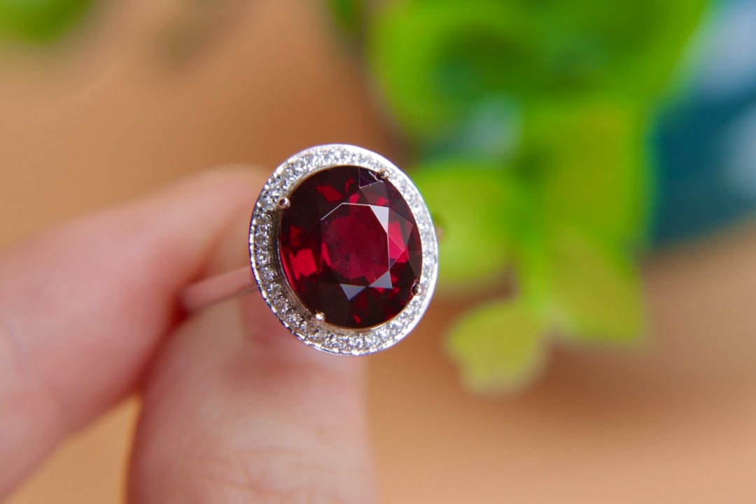 18K Gold Natural Red Tourmaline Garnet Diamond Ring - 3