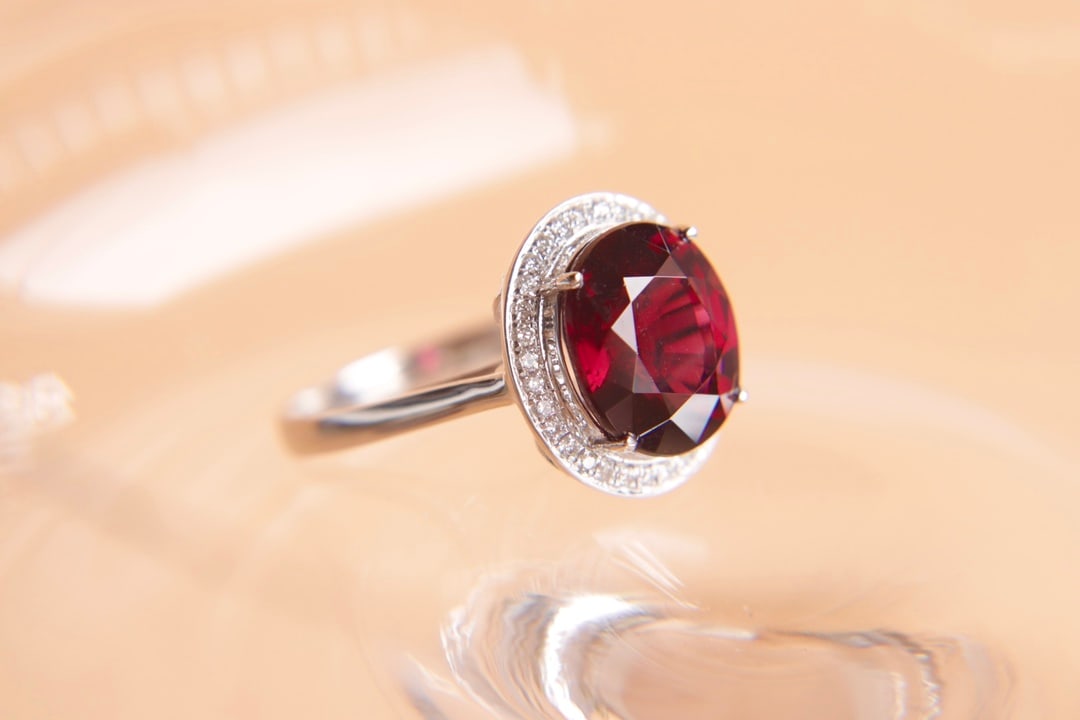 18K Gold Natural Red Tourmaline Garnet Diamond Ring - 4