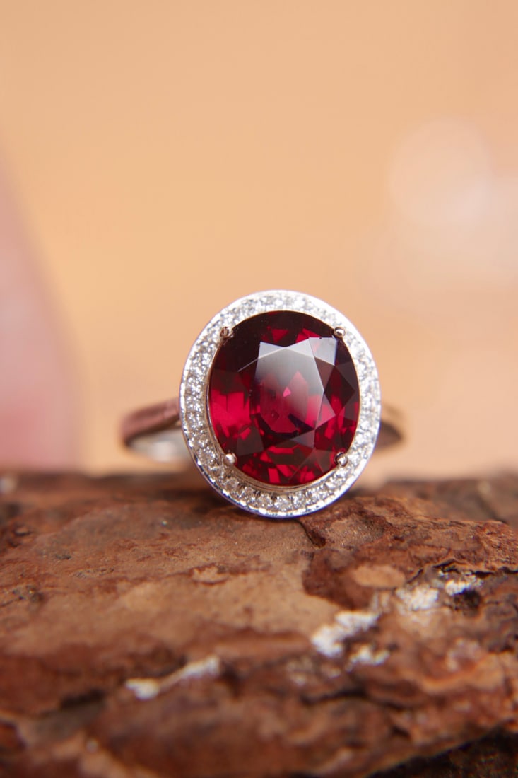 18K Gold Natural Red Tourmaline Garnet Diamond Ring - 5