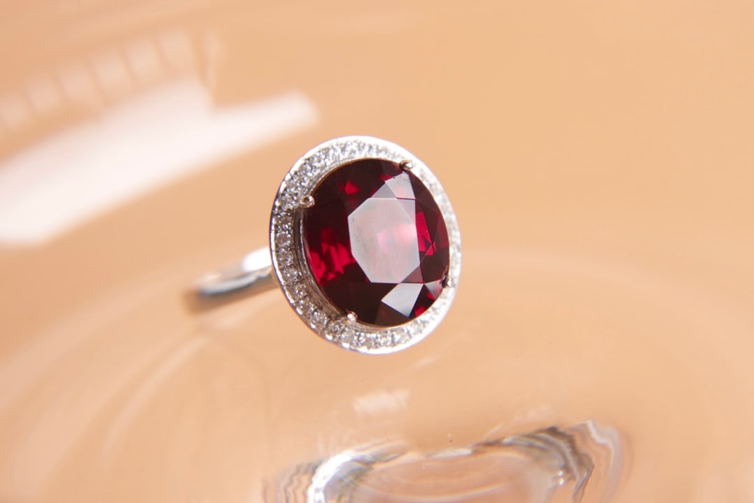 18K Gold Natural Red Tourmaline Garnet Diamond Ring - 6