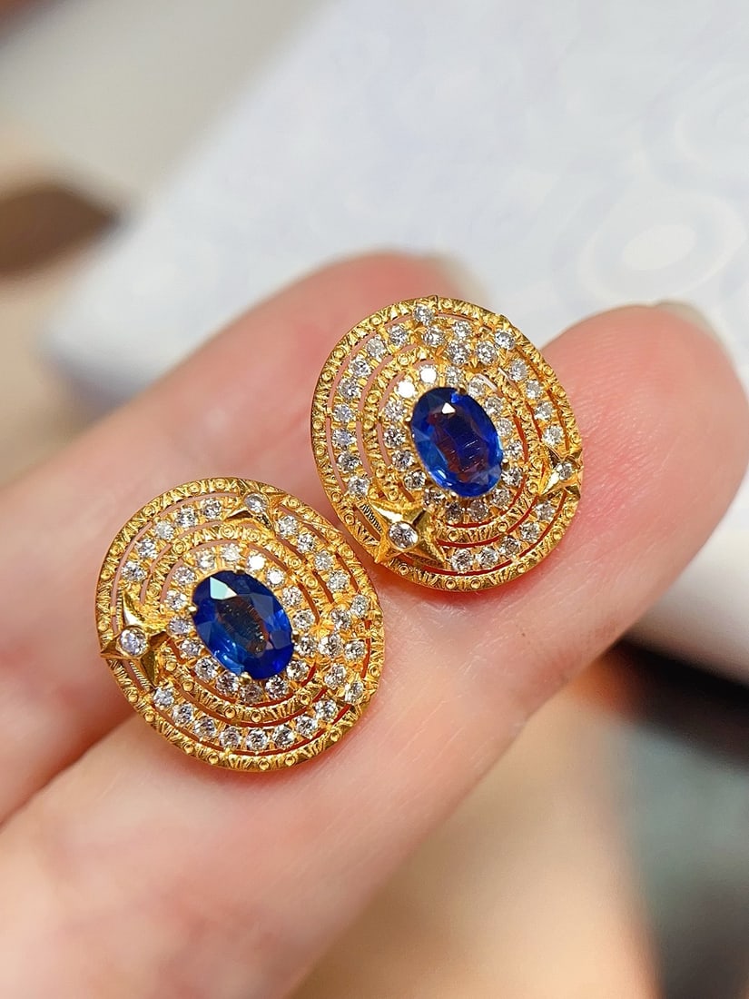 18K Gold Natural Sapphire Earrings - 2