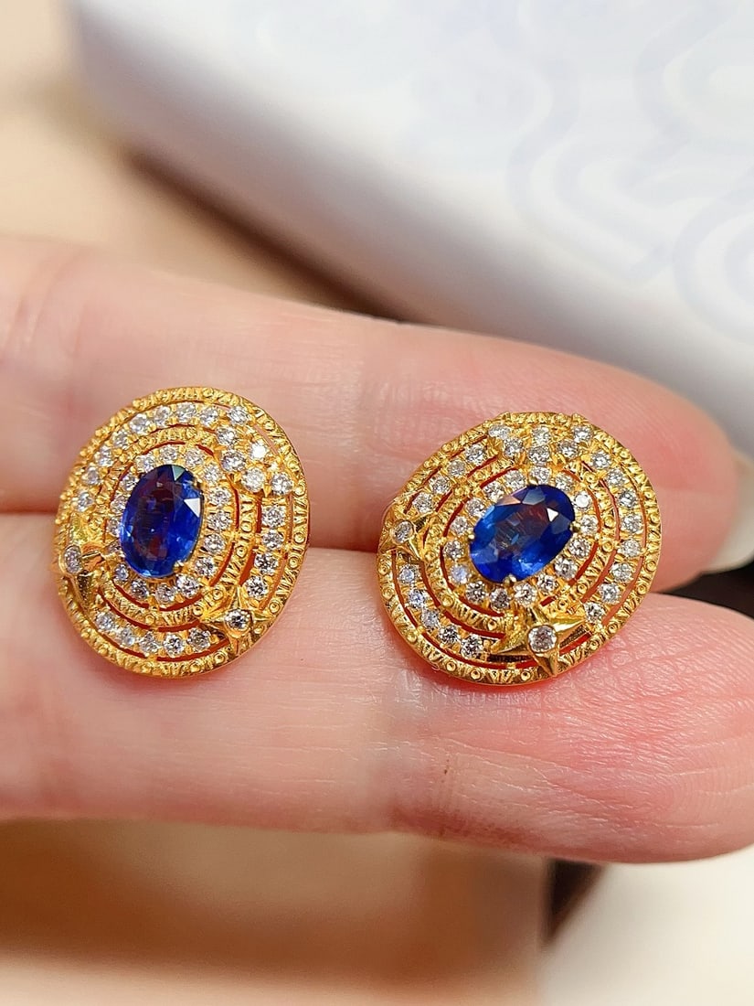 18K Gold Natural Sapphire Earrings - 4