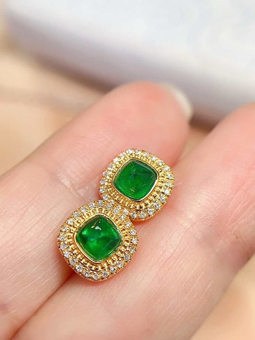 18K Gold Natural Emerald Earrings - 2