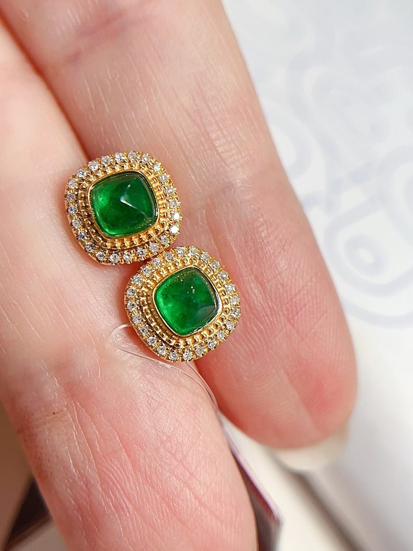 18K Gold Natural Emerald Earrings - 3