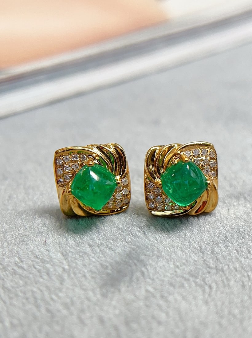 18K Gold Natural Emerald Earrings - 2