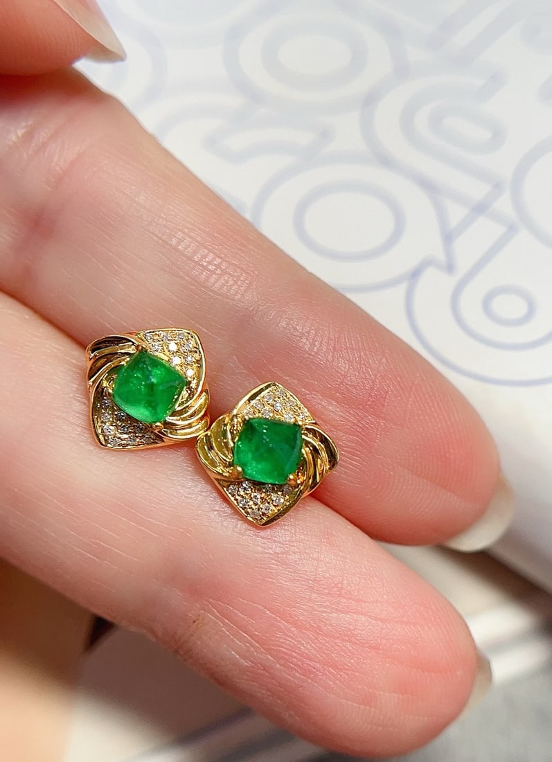 18K Gold Natural Emerald Earrings - 3