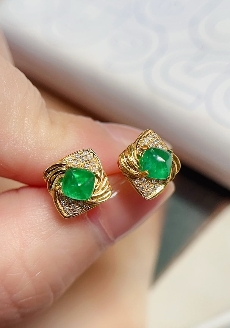 18K Gold Natural Emerald Earrings - 4