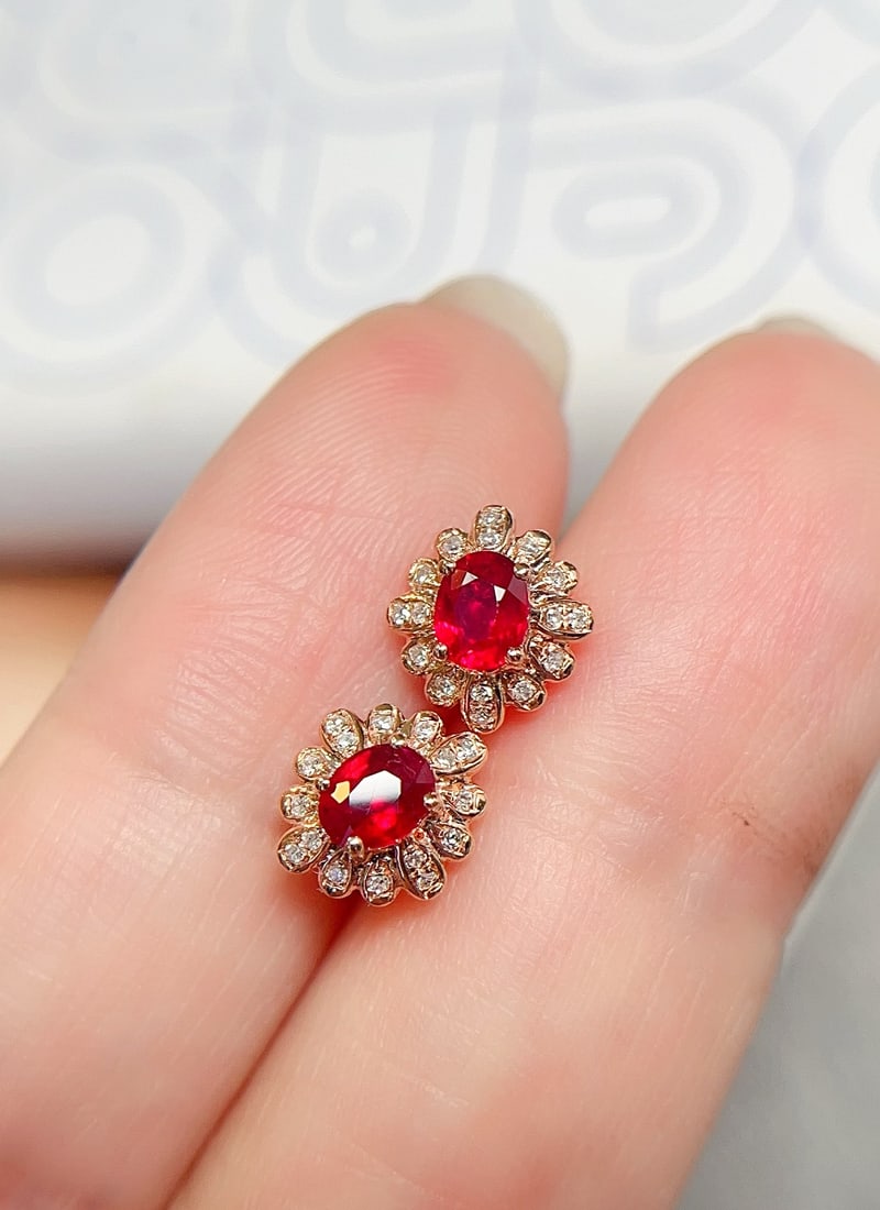 18K Gold Natural Ruby Earrings - 2