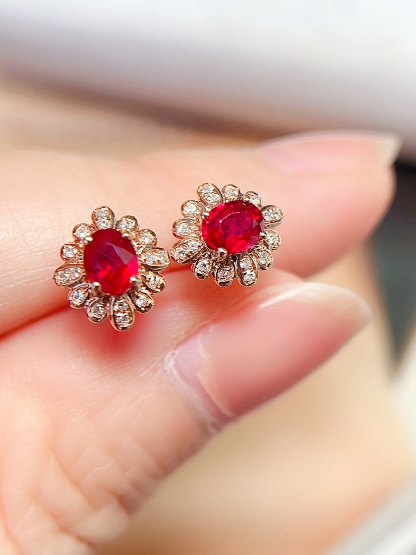 18K Gold Natural Ruby Earrings - 4