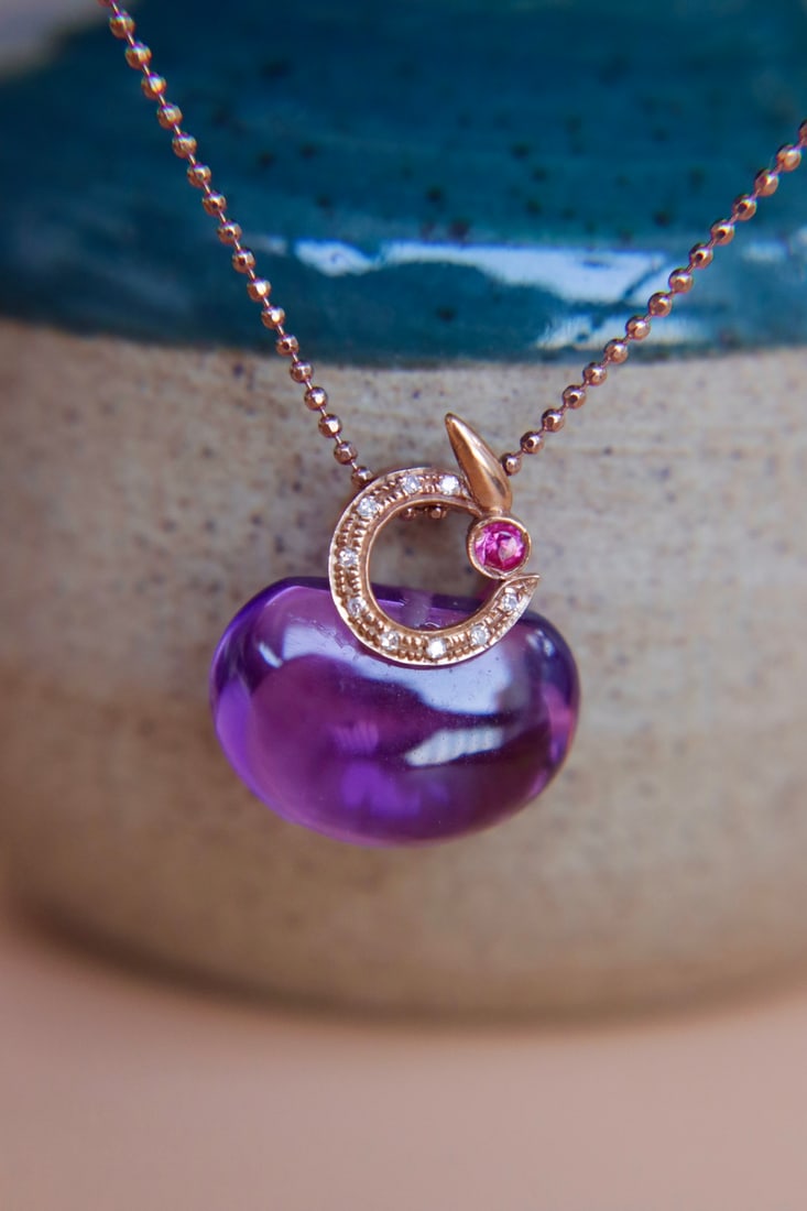 18K Gold Natural Amethyst Pendant - 7