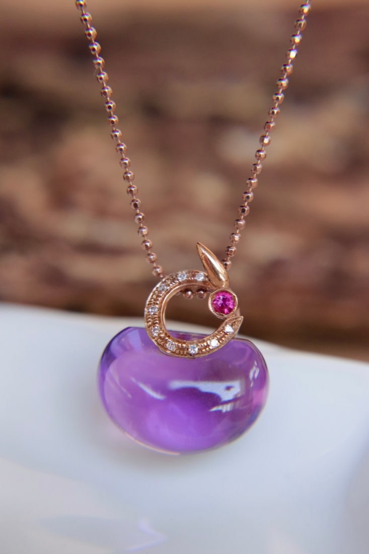 18K Gold Natural Amethyst Pendant - 8