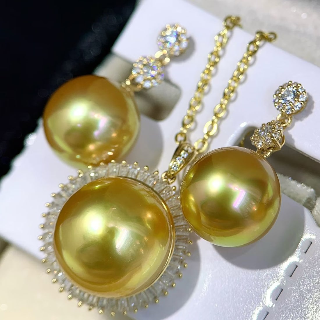 18K Gold Natural Dark Tea Gold Earring and Pendant Set - 6