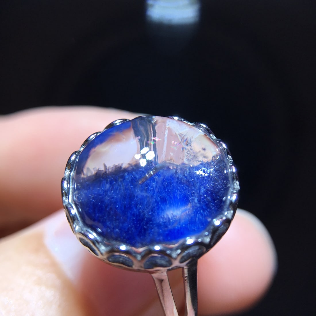 925 Silver Natural Blue Fluorite Blue Line Stone Ring - 2