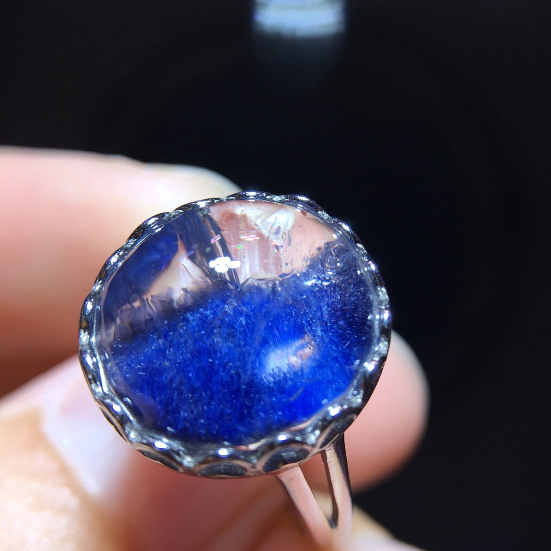 925 Silver Natural Blue Fluorite Blue Line Stone Ring - 3