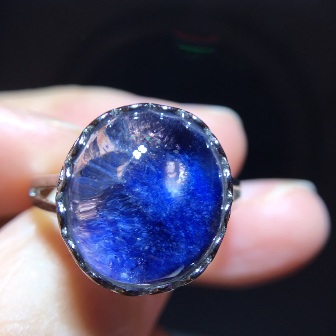925 Silver Natural Blue Fluorite Blue Line Stone Ring - 5