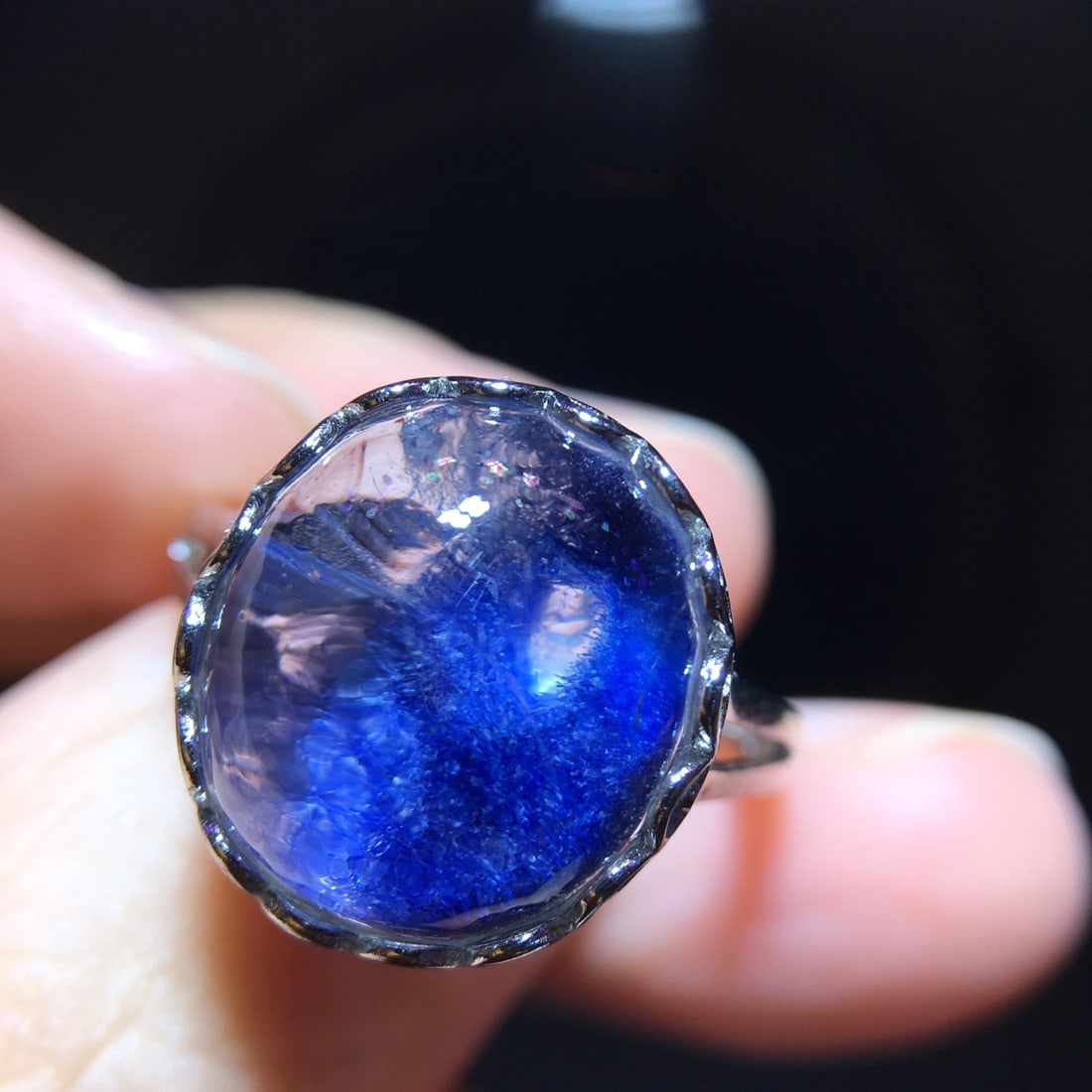 925 Silver Natural Blue Fluorite Blue Line Stone Ring - 6