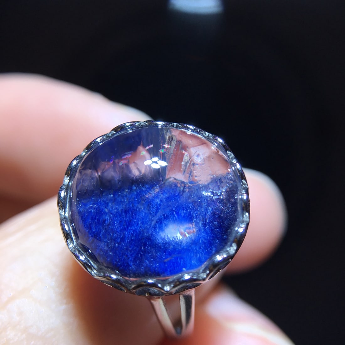 925 Silver Natural Blue Fluorite Blue Line Stone Ring - 7