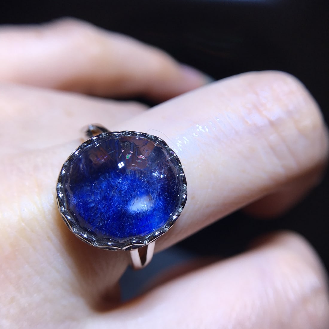 925 Silver Natural Blue Fluorite Blue Line Stone Ring - 8