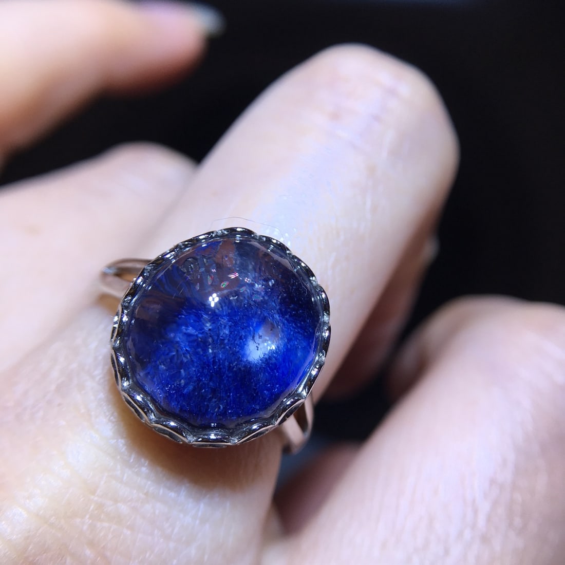 925 Silver Natural Blue Fluorite Blue Line Stone Ring - 9