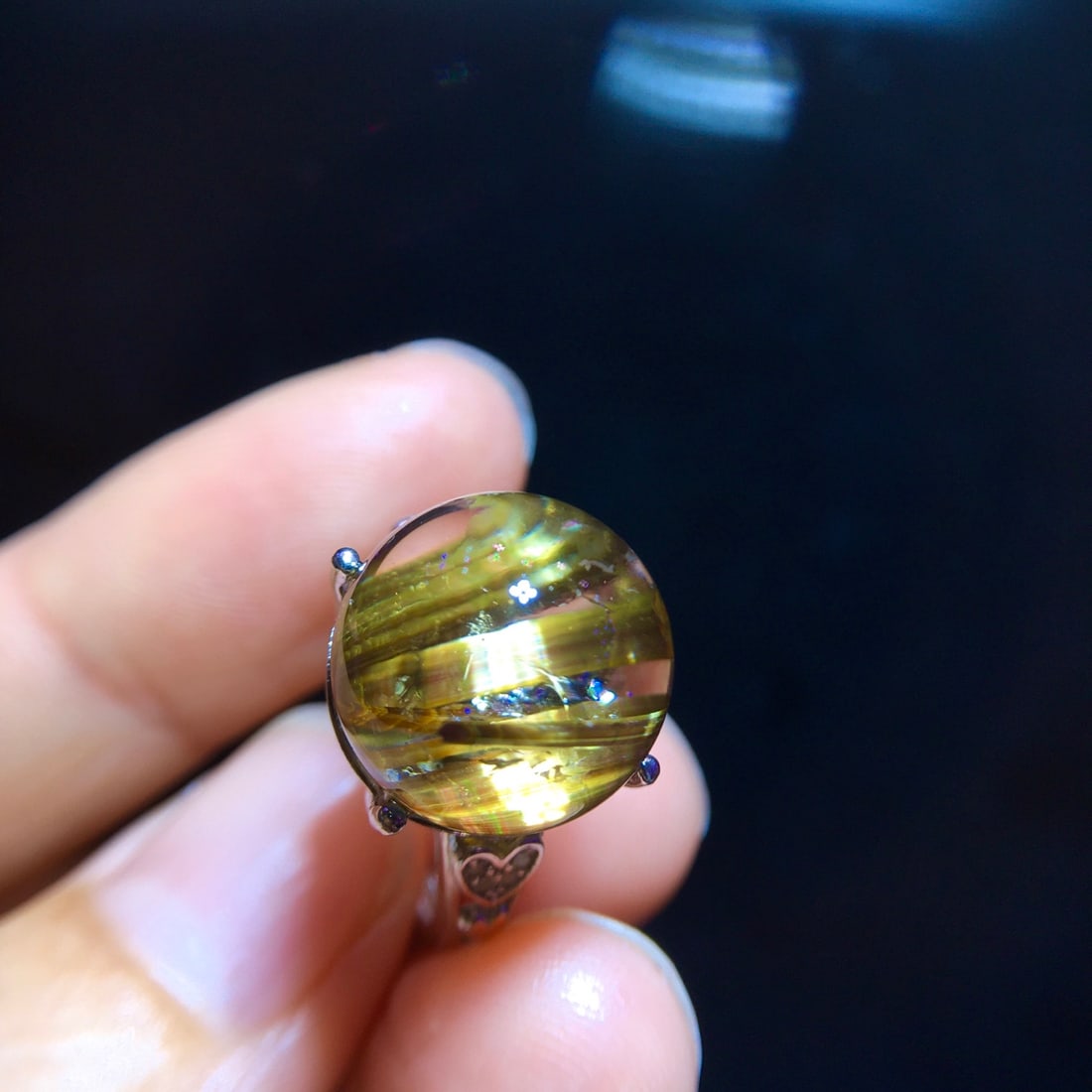 925 Silver Natural Titanium Crystal Round Bead Ring - 4