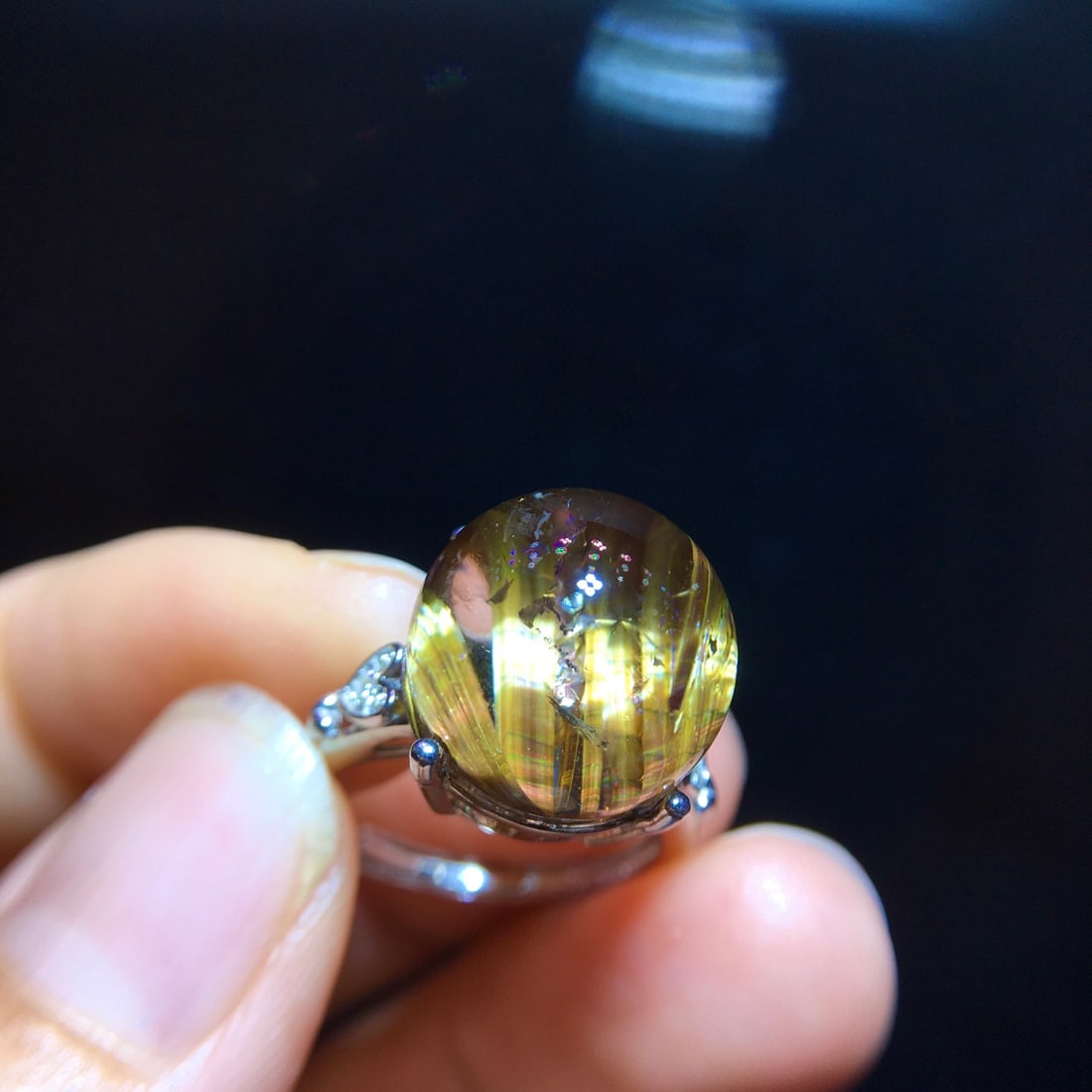 925 Silver Natural Titanium Crystal Round Bead Ring - 5