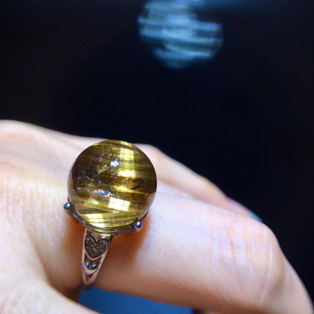 925 Silver Natural Titanium Crystal Round Bead Ring - 7
