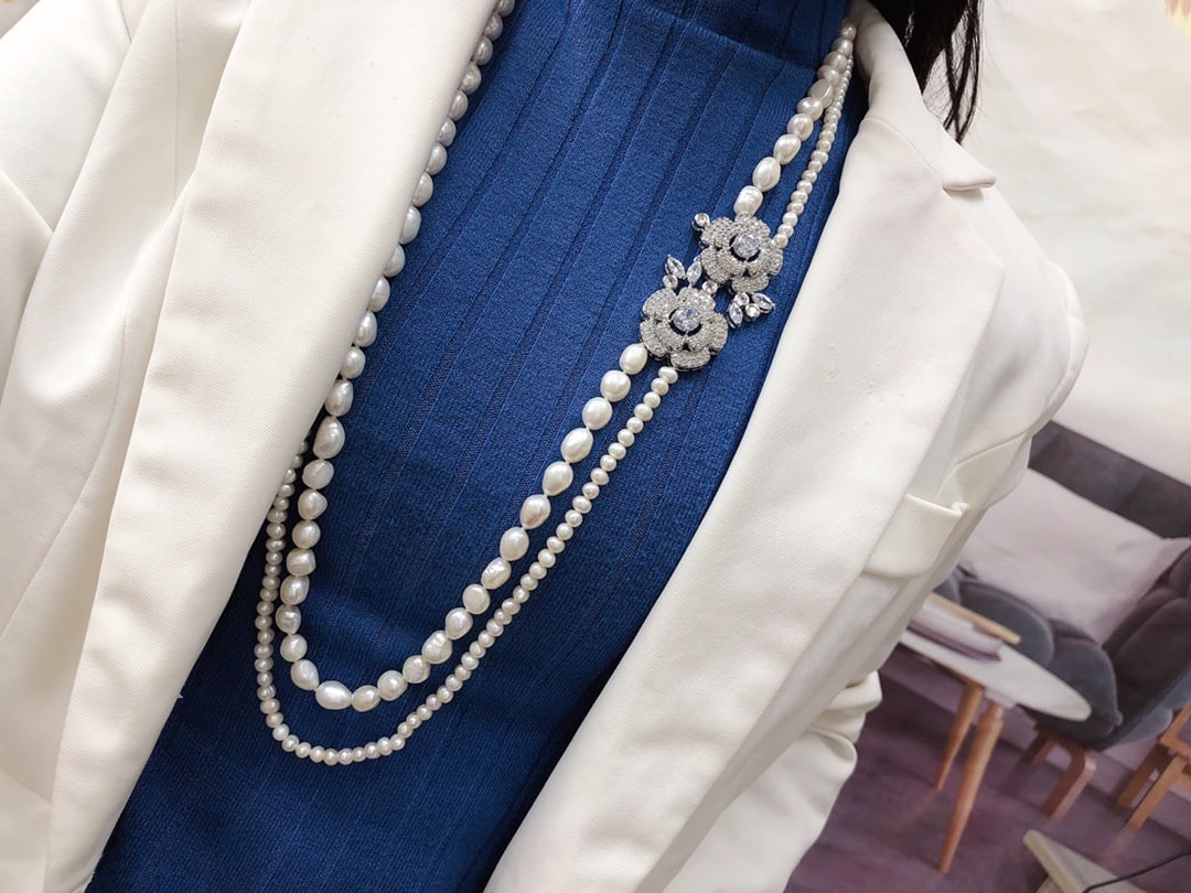 Natural Small Pearl Classic Double Layer Sweater Chain - 2